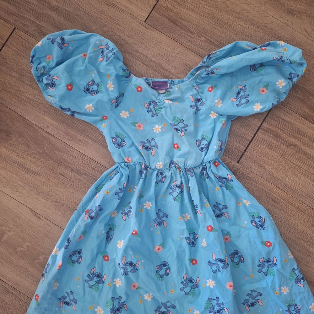 Disney Blue Stitch Print Puff-Sleeve Dress